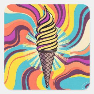 Ice Cream Cone Psychedelic Pop Art Square Sticker