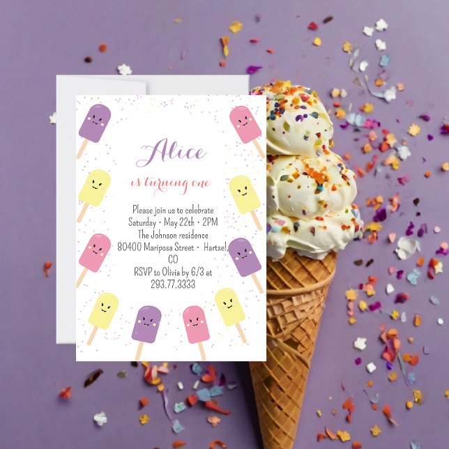 Ice Cream Cone Scoop Confetti Pink Birthday Party Invitation (Creator Uploaded)