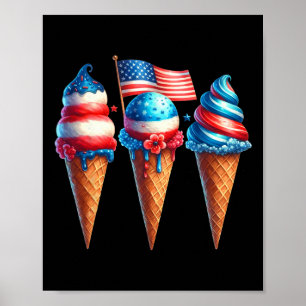 Ice Cream Cone Scoops Designed American Flag 4th O Poster