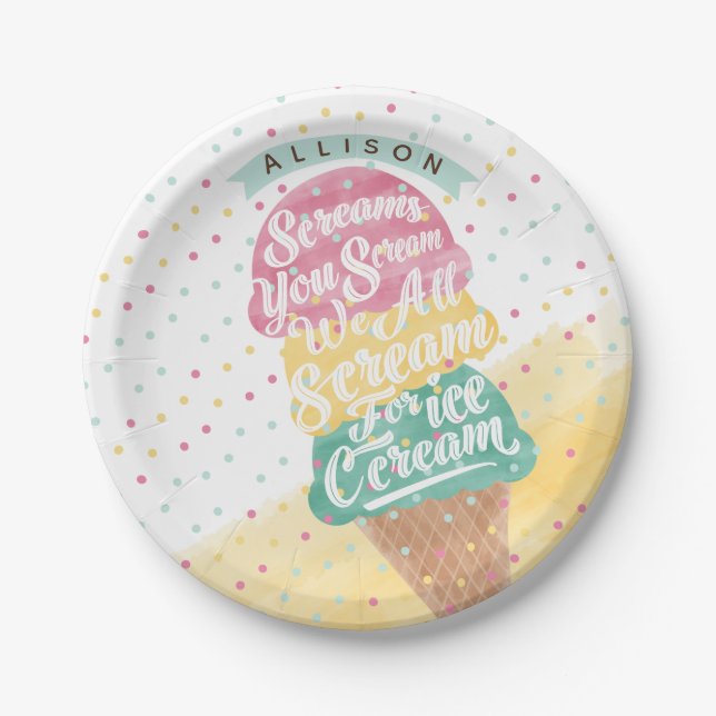 Ice Cream Cone Scoops Treat Bright Birthday Party Paper Plate (Front)