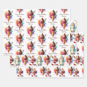 Ice Cream Cone, Sundae and Milkshake Birthday Wrapping Paper Sheet