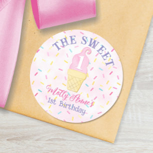 Ice Cream Cone Sweet ONE 1st Birthday Girl Classic Round Sticker