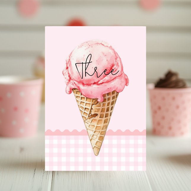 Ice Cream Cone Table Number Card | Pink Watercolor (Creator Uploaded)
