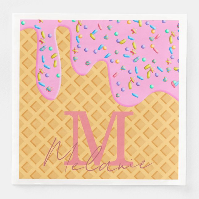 Ice Cream Cone With Pink Frosting & Sprinkles Napkin (Front)