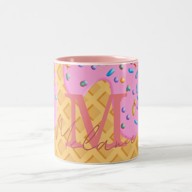 Ice Cream Cone With Pink Frosting & Sprinkles Two-Tone Coffee Mug (Center)