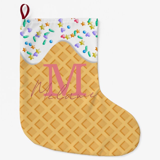 Ice Cream Cone With Vanilla Frosting & Sprinkles Large Christmas Stocking (Front)