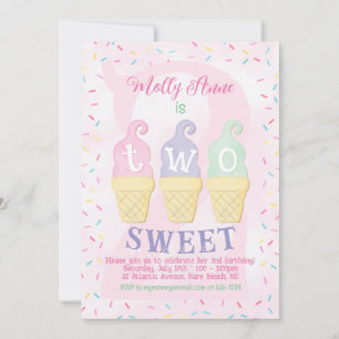 Ice Cream Cones Sprinkles Pastel Pink 2nd Birthday Invitation