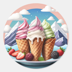 Ice Cream Cones with Berries Classic Round Sticker