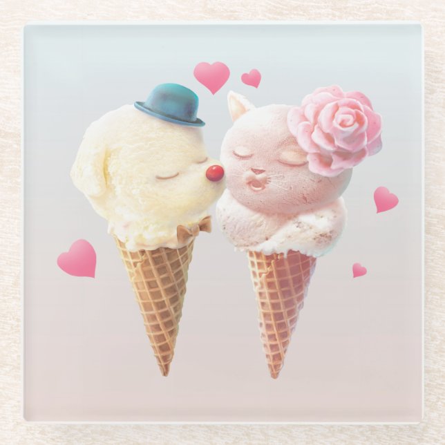 Ice Cream Couple – Love at First Lick Glass Coaster (Front)