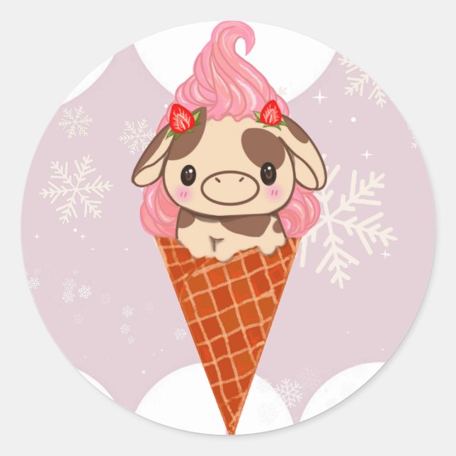 Ice Cream Cow Sweet Cone Snow Strawberry Winter Classic Round Sticker (Front)