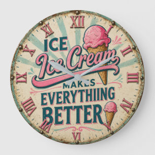 Ice Cream Cream Shop Decor Retro Dessert Kitchen Large Clock