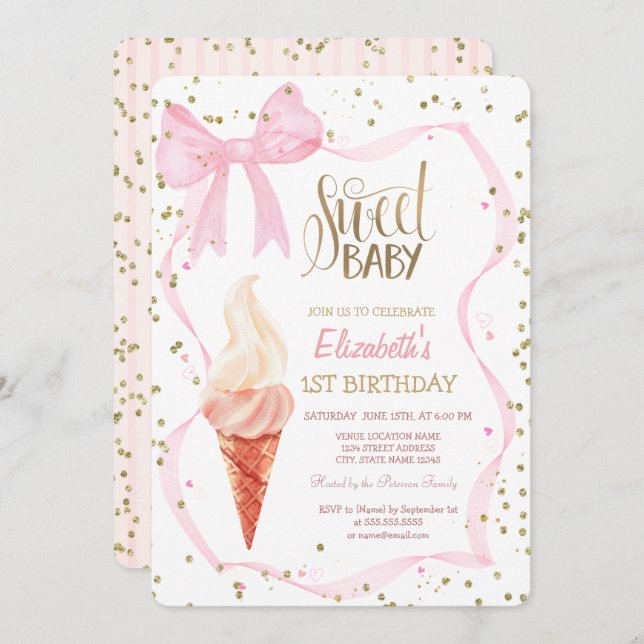  Ice Cream Diamonds Pink Bow Striped Birthday   Invitation (Front/Back)