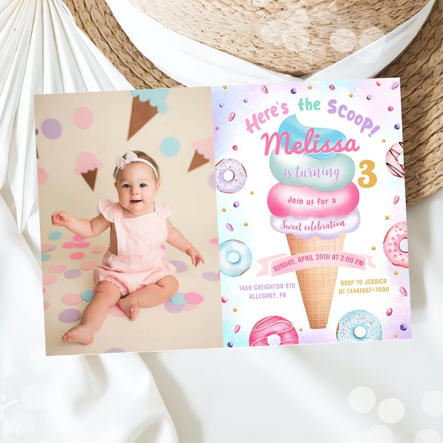  Ice Cream Doughnut Here's the Scoop Birthday Phot Invitation (Creator Uploaded)