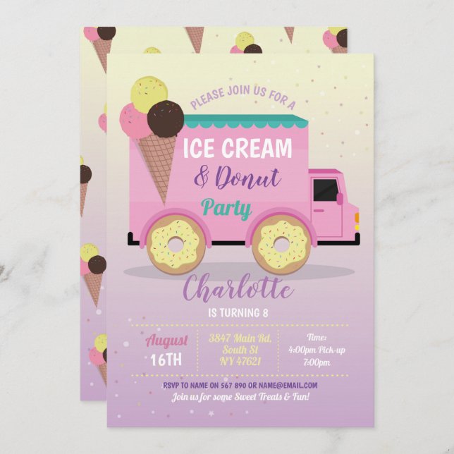 Ice Cream Doughnut Party Birthday Pink Doughnuts Invitation (Front/Back)