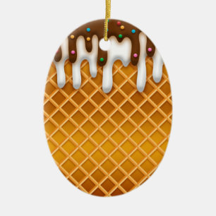 Ice Cream Drip Waffle Cone Chocolate And Vanilla  Ceramic Tree Decoration
