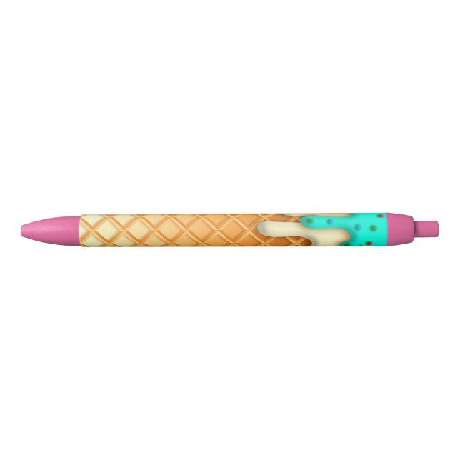 Ice Cream Drip Waffle Cone Mint With Sprinkles Black Ink Pen (Front)