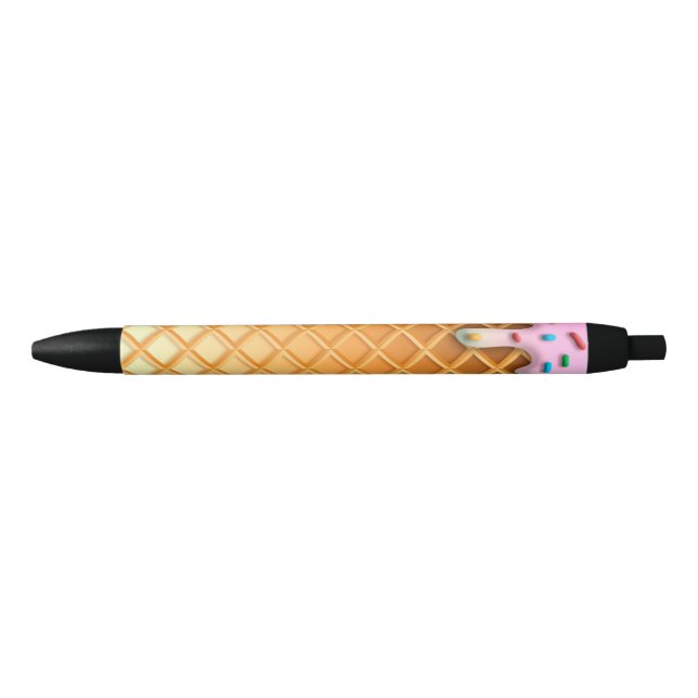 Ice Cream Drip Waffle Cone Pink With Sprinkles Black Ink Pen (Front)