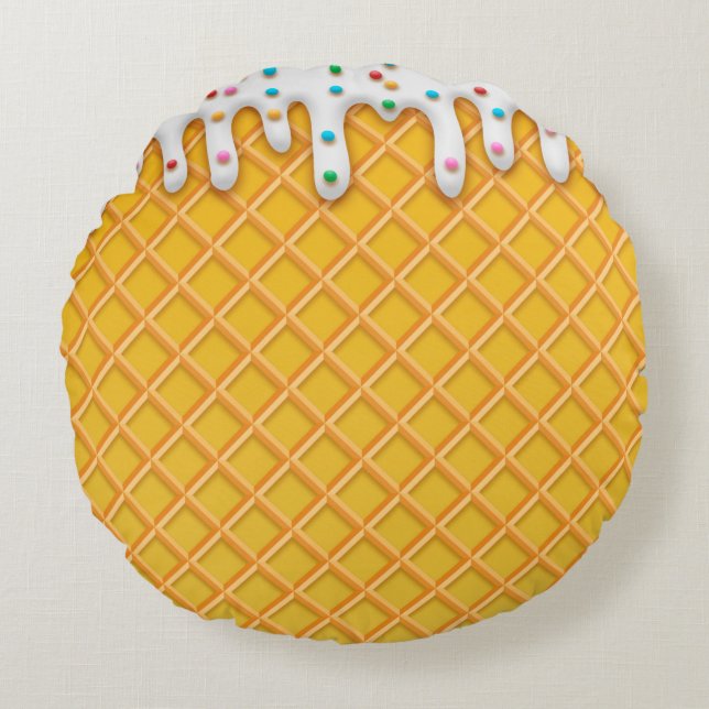 Ice Cream Drip Waffle Cone With Sprinkles Round Cushion (Front)