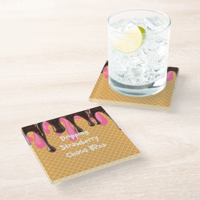 Ice Cream,Dripping Strawberry Choco Bliss, Glass Coaster (Angled)