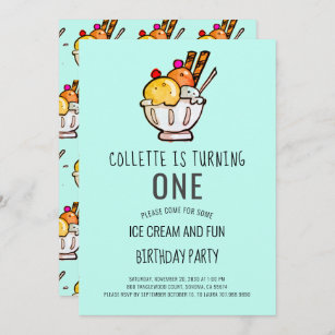 Ice Cream First Birthday Turquoise Invitation 