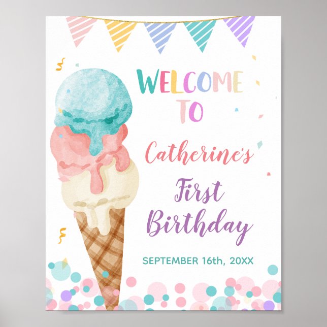 Ice Cream First Birthday Welcome sign (Front)