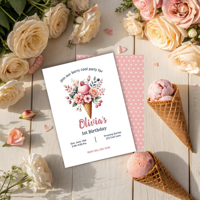 Ice Cream Floral Berry Cool Girl Birthday Party  Invitation (Creator Uploaded)