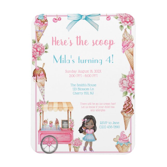 Ice Cream & Floral Birthday Invitation Magnet (Vertical)