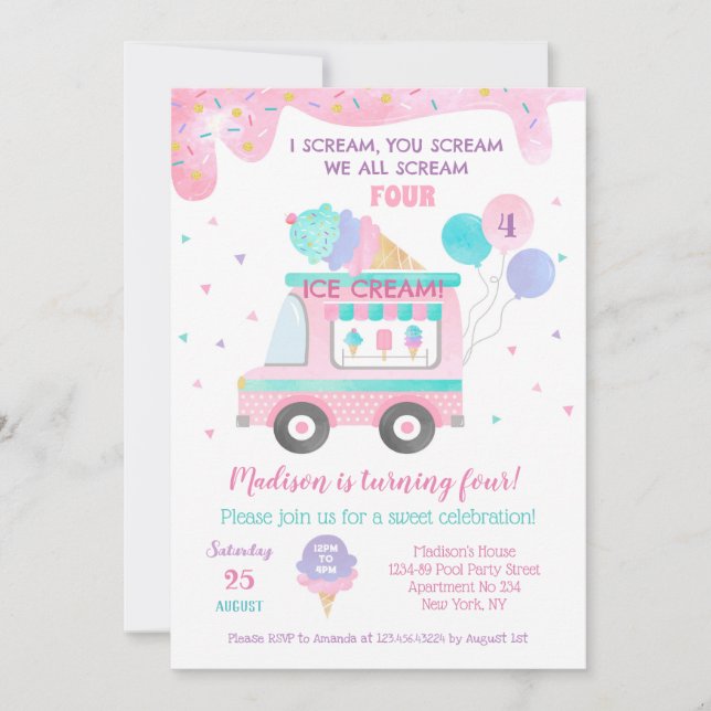 Ice Cream Four 4th Birthday Party Invitations (Front)