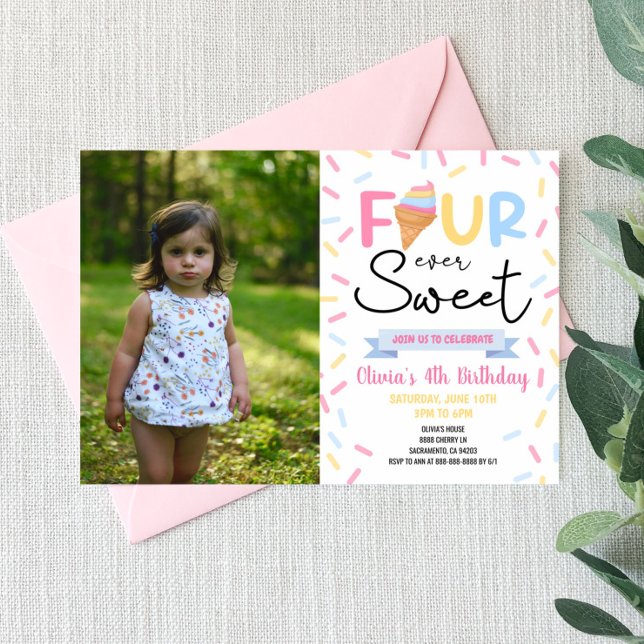 Ice Cream Four Ever Sweet 4th Birthday Party  Invitation (Creator Uploaded)