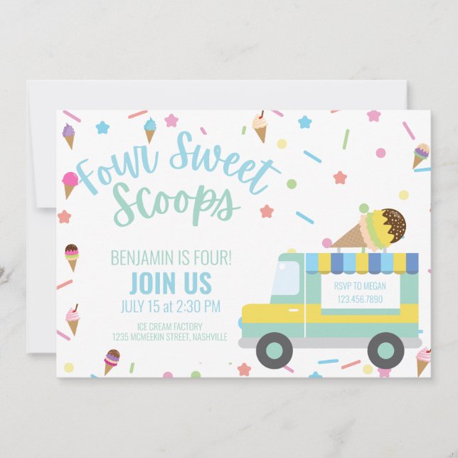 Ice Cream Fourth 4th Birthday Sibling Twins Invitation (Front)