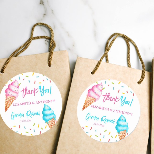 Ice cream gender reveal thank you classic round sticker (Ice cream gender reveal favor gift stickers pink and blue ice cream thank you stickers)