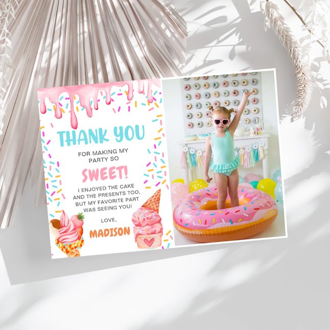 Ice Cream Girls Birthday Party Photo Thank You Card (Creator Uploaded)