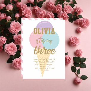 Ice Cream Gold Foil Calligraphy Birthday Party Invitation