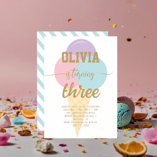 Ice Cream Gold Foil Calligraphy Birthday Party Invitation