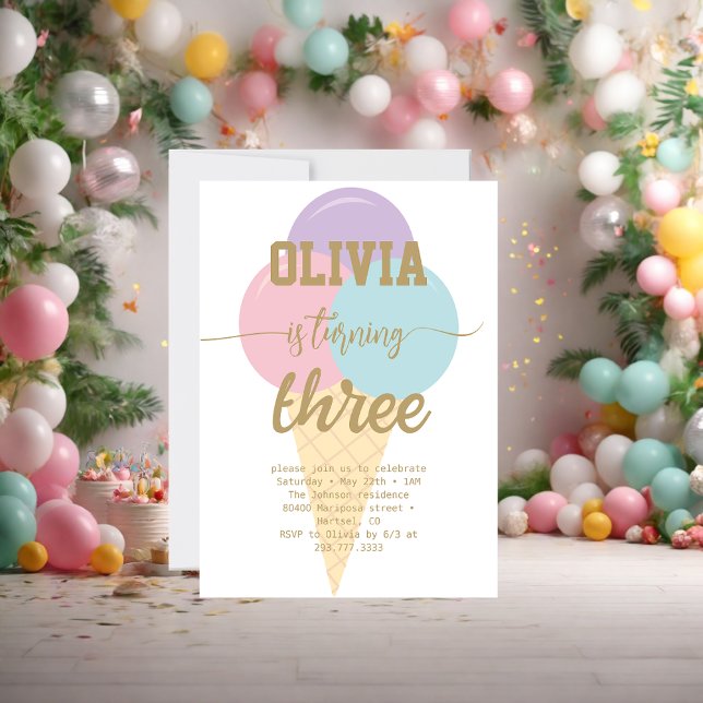 Ice Cream Gold Foil Calligraphy Birthday Party Invitation (Creator Uploaded)