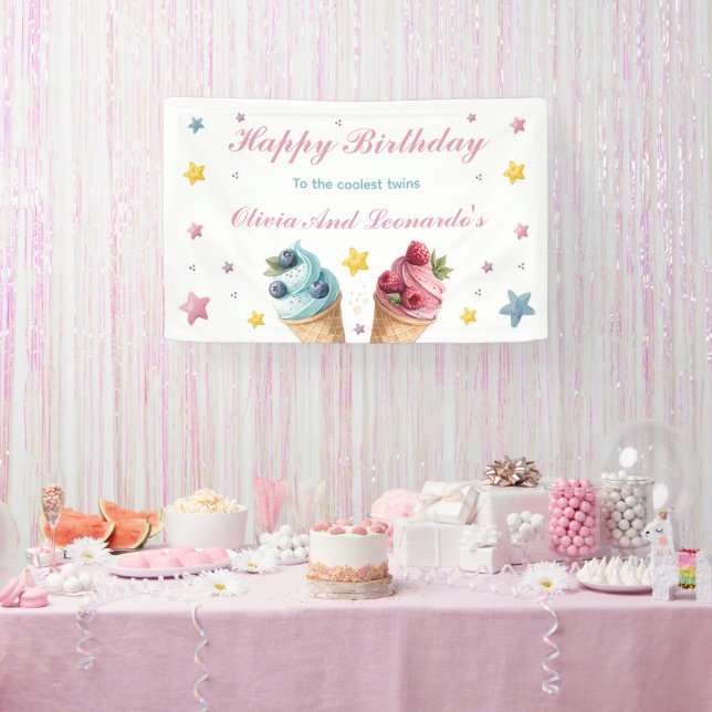 Ice Cream Happy Birthday To The Coolest Twins  Banner (Party)