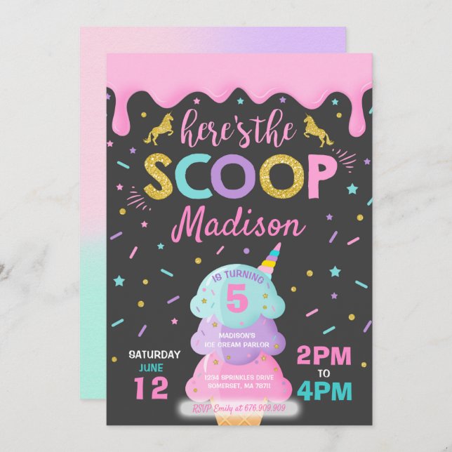 Ice Cream Invitation Unicorn Ice Cream Party (Front/Back)