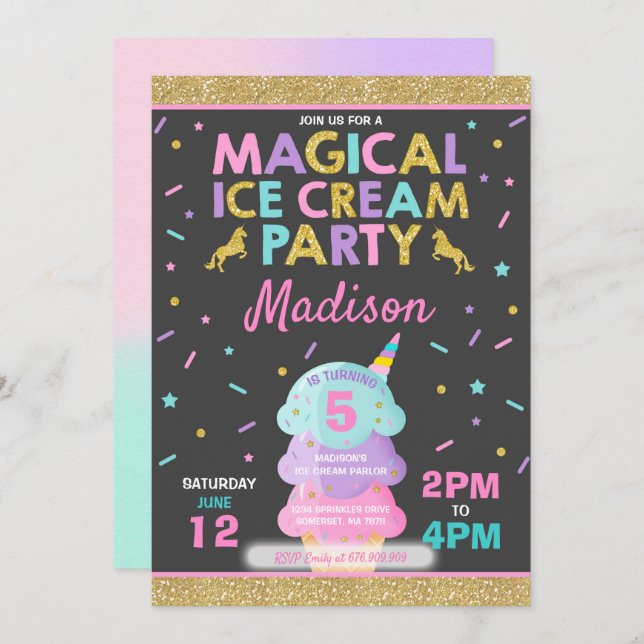Ice Cream Invitation Unicorn Ice Cream Party (Front/Back)