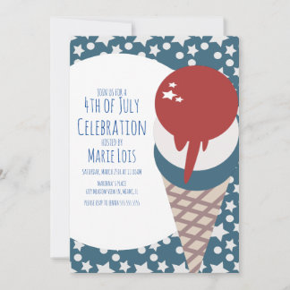 Ice Cream July 4th Stars and Dots Red  Invitation