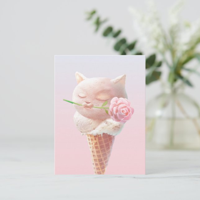 Ice Cream Kitty – Rosy & Dreamy Announcement Postcard (Standing Front)