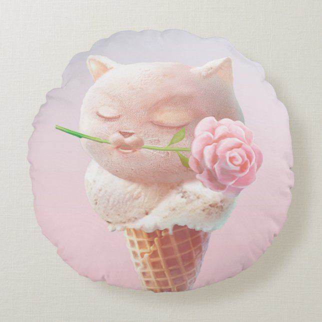 Ice Cream Kitty – Rosy & Dreamy Round Cushion (Front)