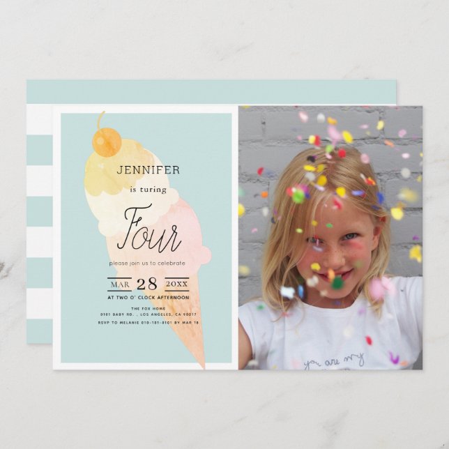 Ice Cream Light Blue Birthday Invitation (Front/Back)