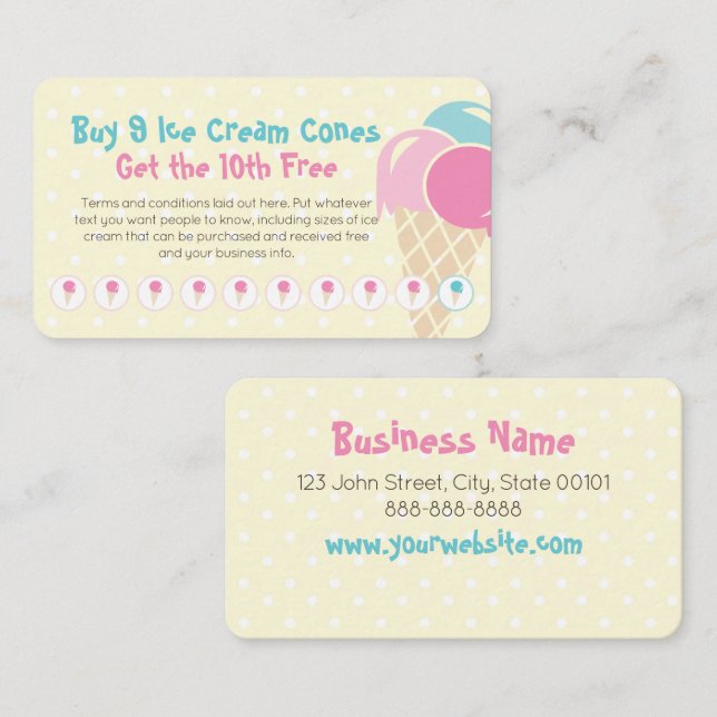 Ice Cream Loyalty Stamp Punch Card - Buy 9 Get 1 (Front/Back)
