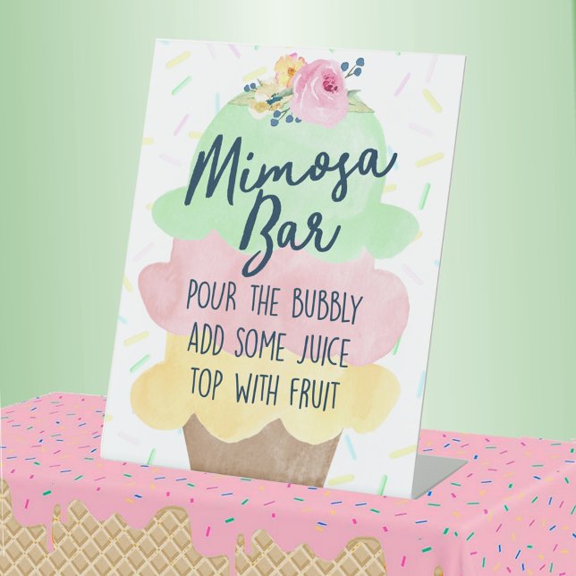 Ice Cream Mimosa Bridal or Baby Shower Pedestal Sign (Mimosa Bar Watercolor Ice Cream Bridal or Baby Shower Pedestal Table Sign)