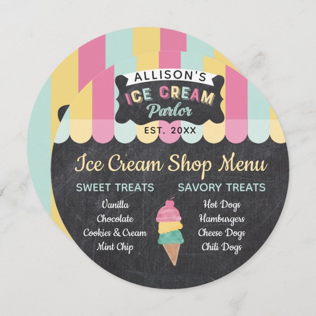 Ice Cream Parlour Fun Kids Birthday Party Menu Car Invitation (Front/Back)