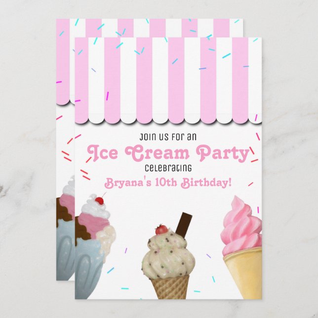 Ice Cream Parlour Party Birthday Celebration Pink  Invitation (Front/Back)