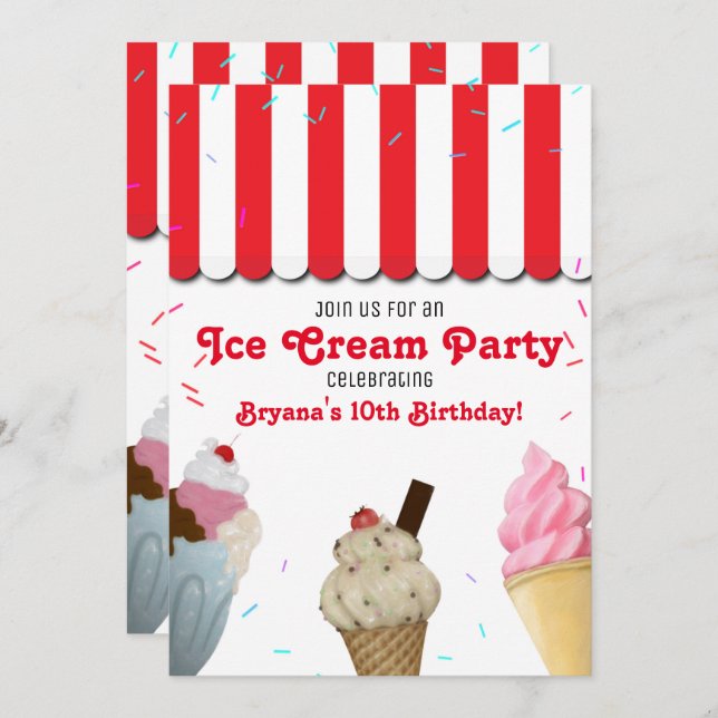 Ice Cream Parlour Party Birthday Celebration Red Invitation (Front/Back)