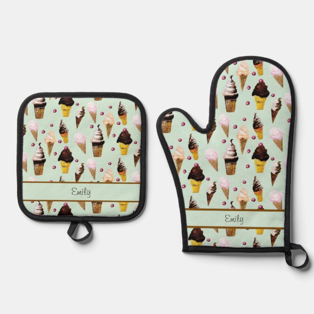 Ice Cream Parlour Retro Green Personalised Apron Oven Mitt & Pot Holder Set (Front)