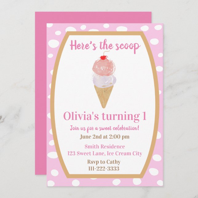 Ice Cream Party First Birthday Invitation in Pink (Front/Back)