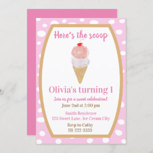 Ice Cream Party First Birthday Invitation in Pink